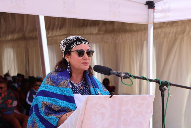 KARASBURG, 21 March 2026 - Minister of Education, Innovation, Youth, Sport, Arts and Culture, Sanet Steenkamp, speaking during the independence celebrations on Saturday in Karasburg. 

(Photo by: Chelva Wells) NAMPA 
