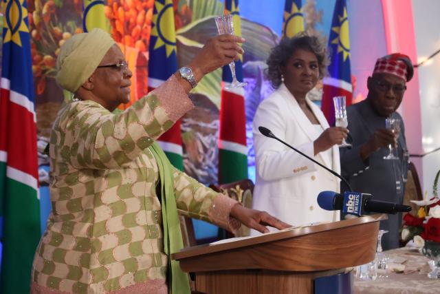 WINDHOEK, 21 March 2026 - President Netumbo Nandi-Ndaitwah toasts members of the Diplomatic Corps during a luncheon  held at state house. (Photo by: Uakutura Kambaekua)NAMPA