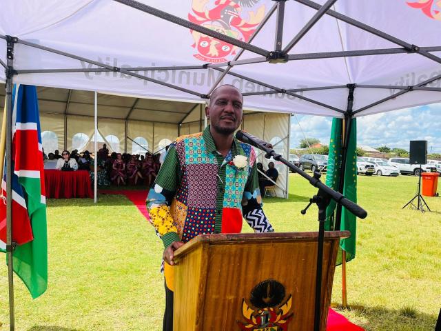 TSUMEB, 21 March 2026- Minister of Works and Transport, Veikko Nekundi is addressing the community of Tsumeb at Oscar Norich stadium who have gathered to celebrate Namibia's 36th Independence.

(Photo: contributed) 