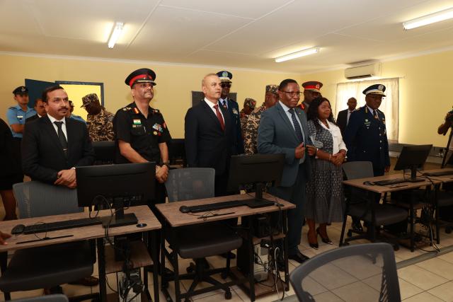 WINDHOEK, 23 March 2026 - India's High Commissioner to Namibia, Rahul Shirvastava, Deputy Minister of Defence Charles Mubita and Deputy Minister of International Relations and Trade Jennely Matundu pictured at the inauguration of a computer lab at the Osona Military Base. (Photo by: Eba Kandovazu) NAMPA