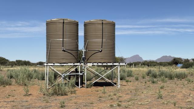 NEU-SCHWABEN, 22 March 2026 - The two 10 000 litre water tanks that were donated to the Neu-Schwaben community members years ago, but still standing standing idle and not yet in use. (Photo by: Isabel Bento) NAMPA
