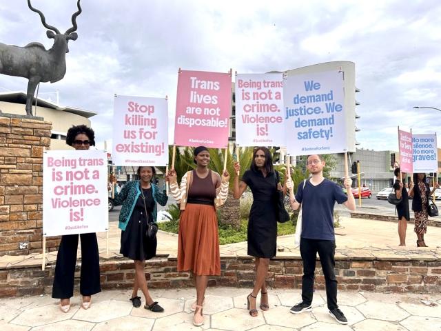 Windhoek, 24 March- Family members and friends of murdered transgender woman, Christof (Sexy) Frederik protesting in front of the Windhoek High Court. (Photo by Eba Kandovazu). NAMPA