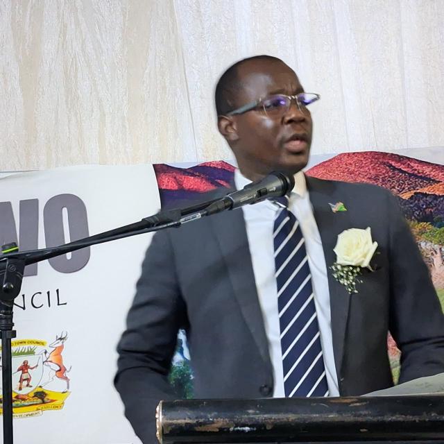 OPUWO, 03 April 2026- Vipuakuje Muharukua, Governor of Kunene Region during the Opuwo Trade Fair 2026 fundraising gala dinner on Thursday evening. (Photo: Kaviveterue Virere) NAMPA