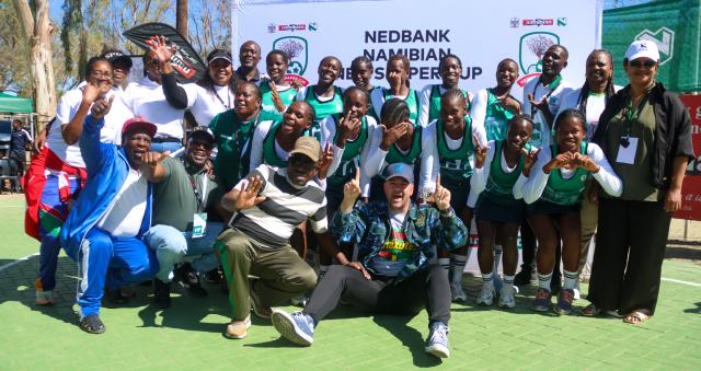 KEETMANSHOOP, 06 April 2026 - Kavango East Under-20 netball team poses for a picturewith the deputy minster of sport Dino Balloti after being crowned champions of the 2026 Nedbank Namibian Newspaper Cup at the Westdene Stadium in Keetmanshop. Kavango East won the match 35-28. (Photo by: Hesron Kapanga) NAMPA