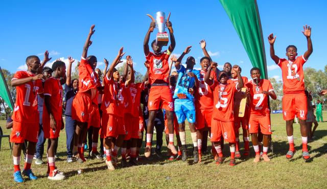 KEETMANSHOOP, 06 April 2026 - Erongo Under-20 football team poses for after being crowned winners of the 2026 Nedbank Namibian Newspaper Cup at the Westdene Stadium in Keetmanshop. Erongo won the match 2-1 against Kunene. (Photo by: Hesron Kapanga) NAMPA