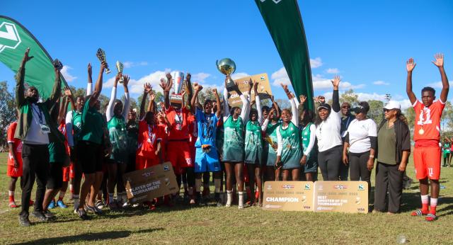 KEETMANSHOOP, 06 April 2026 - The Erongo Region's Under-20 football team and Kavango East netball team pictured after being crowned winners of the 2026 Nedbank Namibian Newspaper Cup at the Westdene Stadium in Keetmanshoop. Erongo won the match 2-1 against Kunene while Kavango defeated Khomas 35-28. (Photo by: Hesron Kapanga) NAMPA