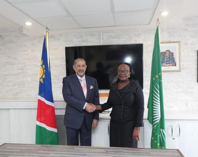 WINDHOEK, 07 APRIL 2025 - H.E. Mr. Abdullah Khalil Al-Musaibeeh, president of the Arab Bank for Economic Development in Africa (BADEA), with Ambassador Selma Ashipala-Musavyi, minister of International Relations and Trade, during a courtesy call today at the Ministry. (Photo: Contributed) NAMPA.