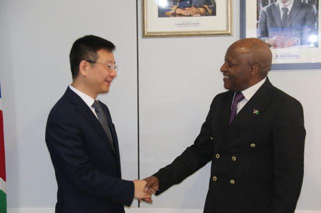WINDHOEK, 13 APRIL 2026 - Prime Minister Elijah Ngurare and CGN Swakop Uranium board chairman Qiu Bin during a courtesy visit at the Prime Minister's office. (Photo: Contributed) NAMPA