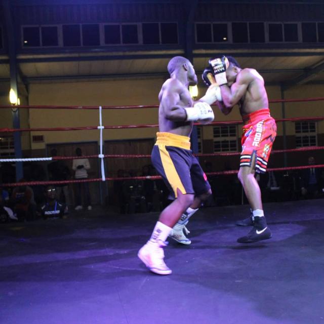 OPUWO, 15 April 2026- Local boxer David “Opuwo-Flash” Shinuna, wearing black and yellow shorts, in action against an opponent during a bout. (Photo: Contributed) NAMPA 