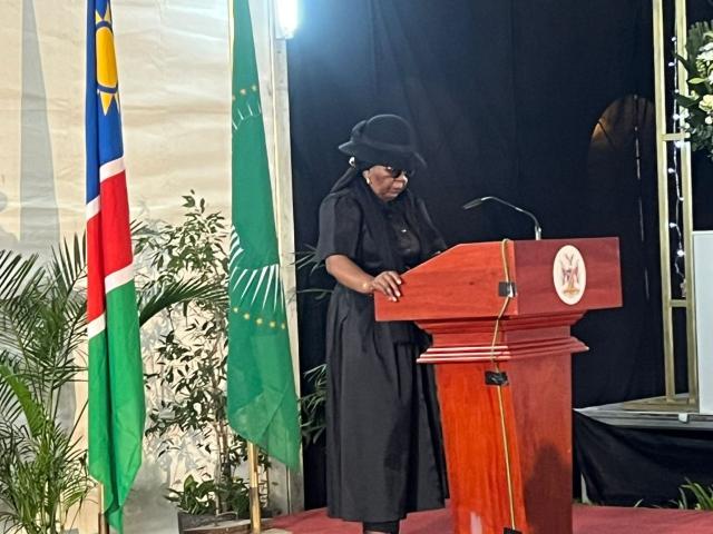 WINDHOEK, 15 April 2026 - Swapo Party Secretary General Sophia Shaningwa delivering her tribute during the memorial service of ruling party lawmaker James Uerikua at Parliament Garden (Photo: Justina Shuumbwa) NAMPA