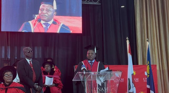 RUNDU, 16 April 2026 - Prime Minister Elijah Ngurare speaking at the 2026 UNAM Rundu Campus graduation on Thursday. (Photo by: Sawi Hausiku) NAMPA 