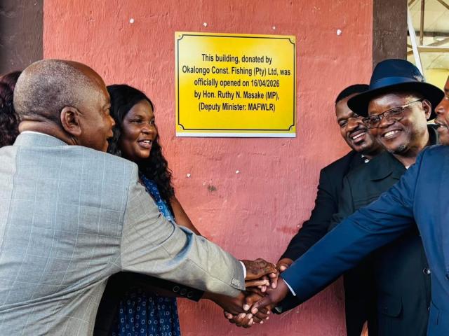 OSHAKATI,  16 April 2026- The Deputy Minister of Agriculture, Ruthy Masake officially inaugurated a new classroom and storeroom at Uahekua Herunga Primary School in the Omusati region on Thursday. The facilities were donated at a value of N. dollars 300 000 by Okalongo Fishing company (Pty) Ltd. (photo: contributed) 