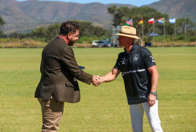 WINDHOEK, 18 April 2026 - Minister of Education, Innivation, Youth, Sport, Arts and Culture, Dino Ballotti (left) and La Muela Polo Club owner Till Jeske during the country’s first-ever polo exhibition match at Farm Gocheganas, just outside Windhoek. La Muela Polo Club won the match 7-5. (Photo by: Hesron Kapanga) NAMPA