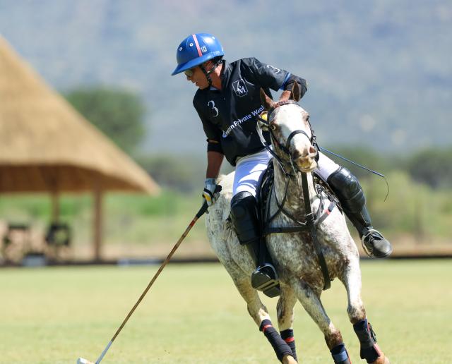 WINDHOEK, 18 April 2026 - Mariano Mazzitelli (in black) of La Muela Polo Club while in action during the country’s first-ever polo exhibition match at Farm Gocheganas, just outside Windhoek. La Muela Polo Club won the match 7-5. (Photo by: Hesron Kapanga) NAMPA