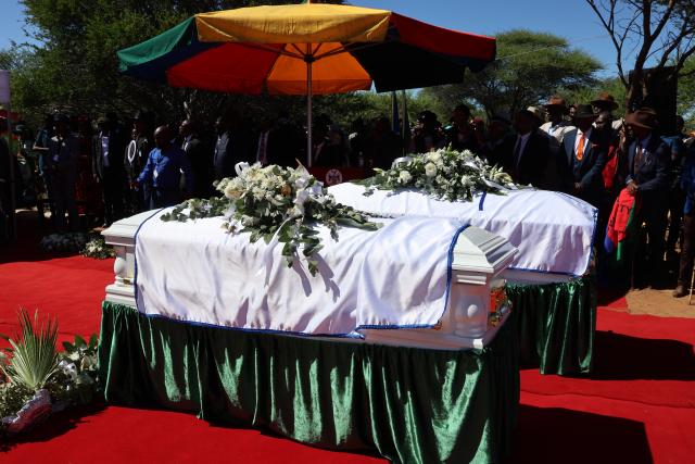 GAM, 19 April 2026 - Caskets of late James Uerikua and son, Venturo at Gam community gravesites where they are laid to rest on Sunday afternoon. (Photo by: Mulisa Simiyasa) NAMPA