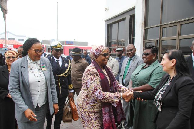 WALVIS BAY, 22 April 2026 - President Netumbo Nandi-Ndaitwah arriving at the Atlantic Hotel in Walvis Bay her three-day work visit during which she aims to engage industry and visit companies and operations first hand. She is accompanied by Vice President Lucia Witbooi and Prime Minister Elia Ngurare, among other government ministers and officials.(Photo contributed)