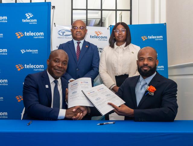 SWAKOPMUND, 23 April 2026 - Minister of Information and Communication Technology, Emma Theofelus and Angola’s Minister of Telecommunications, Information Technology and Social Communication, Mário Augusto da Silva Oliveira (standing) photographed with Telecom Namibia Chief Executive Officer, Stanley Shanapinda and Angola Telecom Chief Executive Officer, Adilson Miguel dos Santos during the signing of the MoU between the two countries. (Photo contributed)