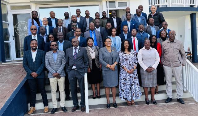 SWAKOPMUND, 27 April 2026 - Agriculture, Fisheries, Water and Land Reform Minister Inge Zamwaani, Deputy Minister Ruthy Masake, Erongo Governor Natalia |Goagoses and officials from the ministry photographed at the opening of the 4-day ministerial planning conference at Swakopmund on Monday. (Photo by: Isabel Bento) NAMPA