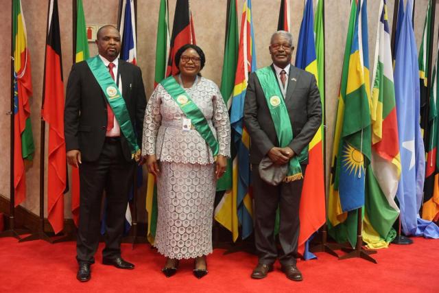 WINDHOEK, 27 April 2026 – From left: Olivia Hanghuwo, Tjimutambo Kuuoko, and Alpheus !Naruseb after being sworn in as members of the Pan-African Parliament (Photo: Contributed) NAMPA