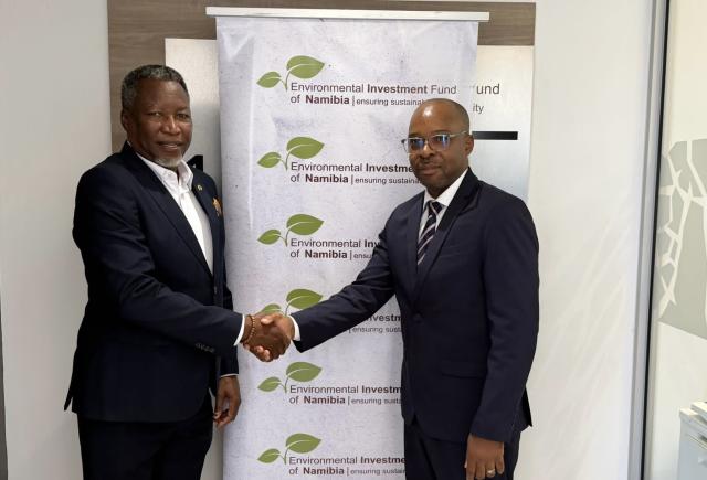 WINDHOEK, 27 April 2026- Oshikoto Governor Sacky Kathindi (L) captured with Environmental Investment  Fund Chief Executive Officer Benedict Libanda (R).

(Photo: Contributed)