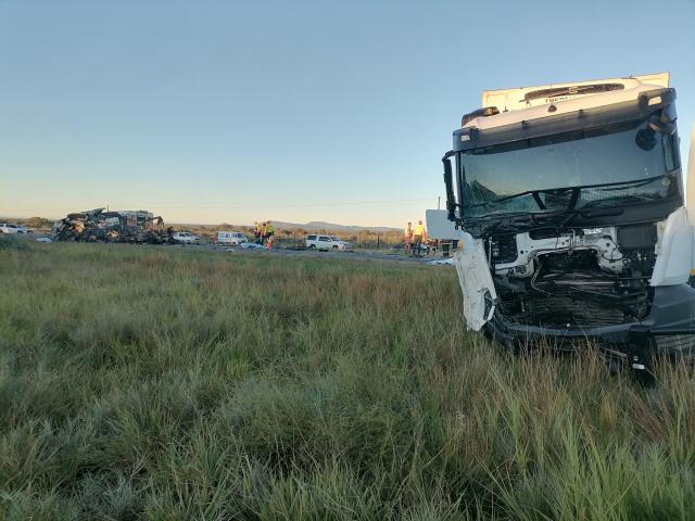 OTJIWARONGO, 01 MAY (NAMPA) - The accident scene where a truck and a minibus belonging to the Ministry of Health and Social Services collided south of Otjiwarongo on Friday morning at about 05h30 along the B1 road. A total of 11 people from the minibus all died and some burned beyond recognition. (Photo by: Mulisa Simiyasa) NAMPA