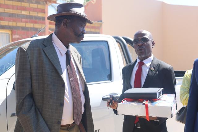 OPUWO, 01 MAY 2026- Fillemon Wise Immanuel Minister of Justice and Labour Relations and Ujeuetu Tjihange Senior Councillor in Otjikaoko Traditional Authority.  (Photo: Contributed) NAMPA 