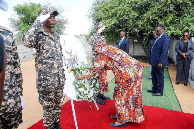 OLUKEKETE, 04 May 2026- President Netumbo Nandi-Ndaitwah lays a wreath at the Outapi PLAN fighters’ mass grave site ahead of the Cassinga Day commemoration at Olukekete Centre in the Outapi Constituency, Omusati Region. (photo: Presidency) 