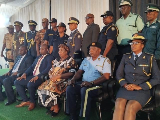 KATIMA MULILO, 08 May 2026 – A group photo depicts among others Zambezi Governor Dorothy Kabula, Katima Mulilo Town Mayor Kabende Kabende and other high ranking security officials at an official ceremony held to bid farewell to outgoing Zambezi Regional Commander Commissioner Andreas Shilelo and welcome new Regional Commander Commissioner Julia Iuze Sakuwa-Neo (seated right) on Friday at Katima Mulilo.

(Photo: Michael Mutonga Liswaniso) NAMPA 