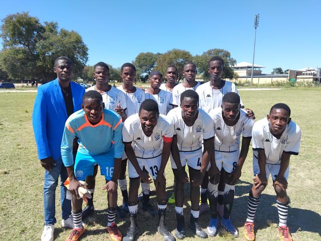 KATIMA MULILO, 10 May 2026 - Bush Bucks FC in their away jersey after a one all draw against Bright Stars FC on Sunday at the Katima Mulilo Sports Complex. They are pictured here with their head coach Budstyn Mutau (left).

(Photo: Michael Mutonga Liswaniso) NAMPA 