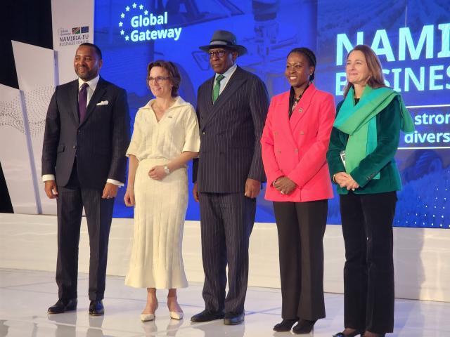 WINDHOEK, 12 MAY 2026 - From left to right, Alfredo Hengari, Namibia Ambassador to the Kingdom of Belgium, EU Commissioner for Environment, Water Resilience and a Competitive Circular Economy, Jessika Roswall, National Planning Commission Director General Kaire Mbuende, Executive Director in the Ministry of International Relations and Trade, Nditah Nghipondoka-Robiati and European Union Ambassador to Namibia, Ana Beatriz Martins, pose for a photo during the opening of the second Namibia-European Union Business Forum. (Photo by: Molly Weyulu) NAMPA