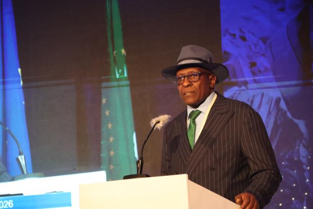 WINDHOEK, 12 Nay 2026 - Kaire Mbuende, Director General of the National Planning Commission, delivers the keynote address at the official opening of the second Namibia–EU Business Forum in Windhoek on Tuesday.

(Photo by: Chelva Wells) NAMPA 