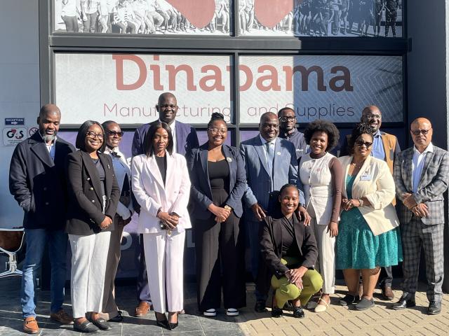 WINDHOEK, 20 May 2026 - ICT Minister, Emma Theofelus, accompanied by Deputy Minister Wenzel Kavaka and various ministry stakeholders, and Dinapama MD David Namalenga, pictured at the Dinapama Manufacturing Factory on Wednesday.  (Photo by: Justina Shuumbwa) NAMPA