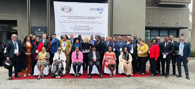 SWAKOPMUND, 20 MAY 2026 - Speaker of the National Assembly Saara Kuugongelwa-Amadhila, Erongo Governor Natalia |Goagoses, Chairperson of of the Parliamentary Standing Committee on Public Accounts Hendrik Gaobaeb and Vice Chairperson of SADCOPAC Alice Nomvula Ponco photographed with SADCA members at the opening of the Southern African Development Community Organisation of Public Accounts Committees (SADCOPAC) training in Swakopmund. (Photo by: Isabel Bento) NAMPA