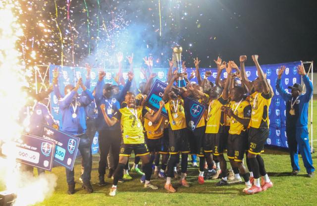 WINDHOEK, 23 May 2024 - Military outfit Mighty Gunners celebrating their firstever Standard Bank Top 8 title which they secured after a thrilling 2-1 victory over UNAM FC at the Independence Stadium. (Photo by: Hesron Kapanga) NAMPA