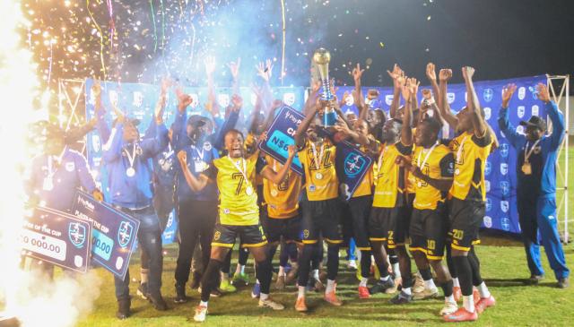 WINDHOEK, 23 May 2024 - Military outfit Mighty Gunners celebrating their firstever Standard Bank Top 8 title which they secured after a thrilling 2-1 victory over UNAM FC at the Independence Stadium. (Photo by: Hesron Kapanga) NAMPA