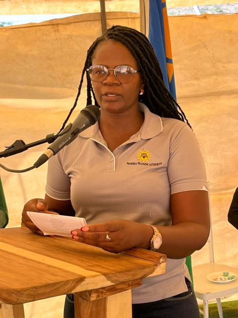 OPUWO, 26 MAY 2026- NTA Project Specialist Shaterika Petros speaking during the groundbreaking ceremony of the Opuwo (Otjorungondo) Project Secondary School in Opuwo on Tuesday. (Photo: Kaviveterue Virere) NAMPA 