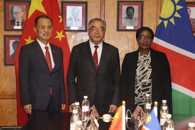 WINDHOEK, 27 May 2026 - National assembly Speaker, Saara Kuugongelwa-Amadhila (R), Vice Chairperson of The National Committee of the China People’s Political Consultative Conference (CPPCC), Zhu Yongxin (M) and Ambassador of China to Namibia, Zhao Weiping, during a visit by a Chinese delegation to Parliament. (Photo by: Ali Negumbo) NAMPA