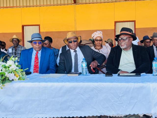 OPUWO, 28 May 2026- Director-General of the National Planning Commission Dr Kaire Mbuende, Kunene Governor Vipuakuje Muharukua, and Minister of Industries, Mines and Energy Modestus Amutse during the Genocide Remembrance Day in Opuwo, Kunene Region. (Photo: Kaviveterue Virere) NAMPA