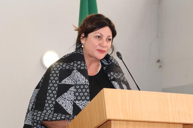 ONDANGWA, 28 May 2026 - Minister of Education, Innovation, Youth, Sports, Arts and Culture Sanet Steenkamp addressing the Genocide Remembrance Day commemoration at Oluno Community Hall in the Oshana region. 