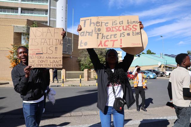 WINDHOEK, 05 JUNE 2026 - Students protest the delayed disbursement of tuition and non-tuition fees at Government Park in Windhoek on Friday. (Photo by: Ali Negumbo)NAMPA
