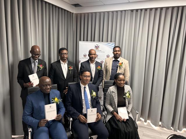 Windhoek, 10 June- Dr Theo-Ben Kandetu pictured with Dr Cornelius Weyulu and dignitaries at the launch of THE STANDARD
OPERATING PROCEDURE ON THE MANAGEMENT OF COMPLAINTS IN THE MINISTRY OF HEALTH AND SOCIAL
SERVICES. (Photo by Eba Kandovazu). NAMPA