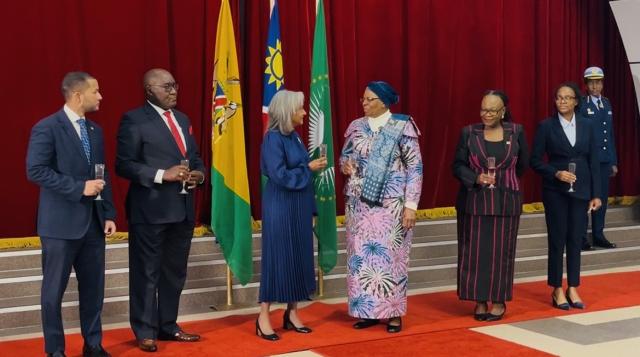WINDHOEK, 11 June 2026 - President Netumbo Nandi-Ndaitwah alongside Ambassador- Designate of the Dominican Republic, Erika "Alvarez Rodriguez, Minister of International Relations and Trade Selma Ashipala-Musavyi and presidency's ED welcoming the letter of Credence and Commission from the Dominican Republic. (Photo by: Justina Shuumbwa) NAMPA