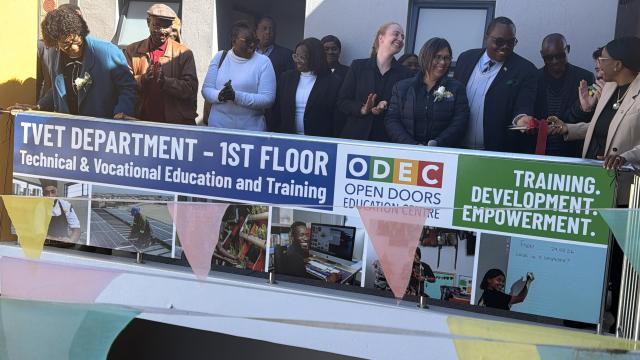 SWAKOPMUND, 11 June 2026 -Speaker of the National Assembly Saara Kuugongelwa (far right), Erongo Governor Natalia /Goagoses (far left) photographed with ODEC management and staff and other political leaders during the unveiling of the Open Doors Education Centre (ODEC) Technical and Vocational Education and Training (TVET) Programme in Swakopmund on Thursday. (Photo by: Isabel Bento) NAMPA