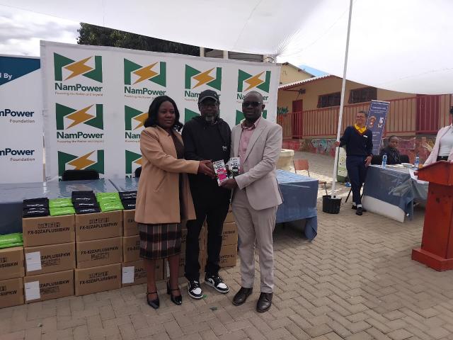 WINDHOEK, 17 June 2026 - NamPower Foundation’s head, Otilie Mujoro (L) pictured with Westmont High School’s Board Chairperson, Cuana Angula (M), and the school’s Principal, Musiwa Mowa (R) during a donation at the school. (Photo: Andreas Thomas) NAMPA