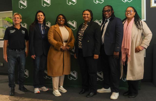 WINDHOEK, 17 June 2026 - From left to right, Nedbabank Citi Run race organiser Race Organiser from Cycletec, Anri Parker, Chief Executive Officer at Namibia National Olympic Committee, Nangula Albertina Amutenya; Deputy Mayor at City of Windhoek, Martha Murorua, Managing Director at Nedbank Namibia), Mzee Letu Hamhola, Acting Deputy Director in the Ministry of Education, Innovation, Youth, Sports, Arts and Culture, and Charmaine Indongo, Marketing Executive at Pupkewitz Motors. (Photo: Hesron Kapanga) NAMPA