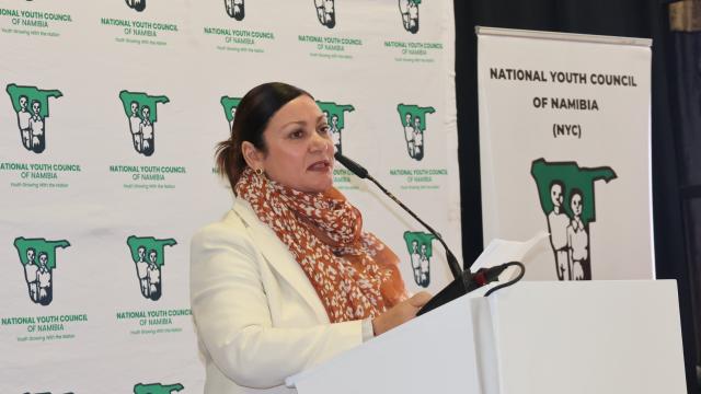 SWAKOPMUND, 19 June 2026 - Minister of Education, Innovation, Youth, Sport, Arts and Culture Sanet Steenkamp addressing youth delegates gathered at the multipurpose centre in Swakopmund for the third National Youth Council of Namibia general assembly which will take place over the weekend and is anticipated to end in an election for the council’s new leadership. (Photo by: Isabel Bento) NAMPA