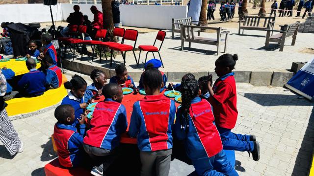 SWAKOPMUND, 29 October 2025 - Learners at the Westside High. School in Swakopmund enjoying a meal which is part of the school feeding programme. (Photo by: Isabel Bento) NAMPA