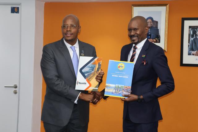 WINDHOEK, 22 June 2026 - National Youth Service Commissioner Dr. Felix Musukubili and NamRA Commissioner, Sam Shivute at the MOU signing between the two institutions on Monday. (Photo by: Ali Negumbo) NAMPA
