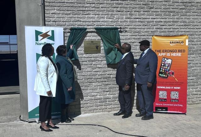 SWAKOPMUND 22 June 2026 - (l-r) Swakopmund Deputy Mayor Eugenia Salomon, Deputy Minister Gaudentia Krönhe, Nampower Managing Director Simson Haulofu  and ErongoRed Chief Executive Officer Immanuel !Hanabeb unveiling the plaque for the newly inaugurated N.dollars 394 million Sekelduin digital substation, designed to strengthen electricity supply to Swakopmund, Arandis, NamWater infrastructure and the region’s growing mining and tourism sectors. (Photo contributed)