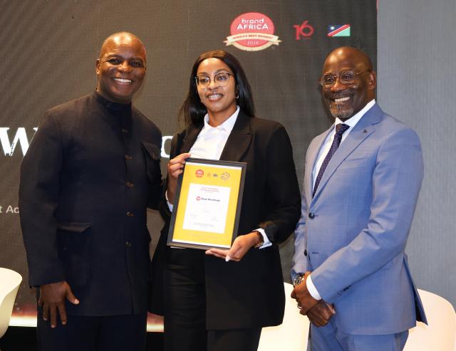 WINDHOEK, 25 June 2026 - From left to right, Thebe Ikalafeng, Founder and Chairman, Brand Africa; Bank Windhoek’s Head of Brand Marketing, Otilie Sabatha and Lazarus Jacobs, Chairman, Brand Africa Namibia. (Photo: Contributed) 